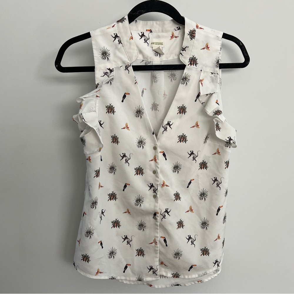 H&M | Conscious Collection Tucan Monkey Print Top size 8